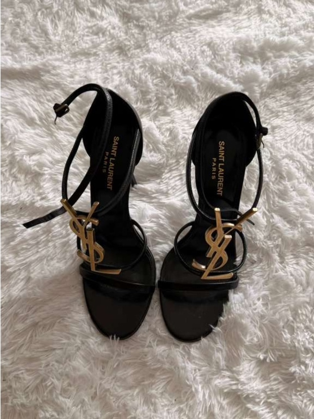 Saint Laurent Black Leather Sandals with Gold YSL Monogram